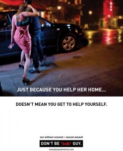 Photo of a person in a blue suit helping a person in a pink dress into a car on a curb. Text reads: Just because you help her home... doesn't mean you get to help yourself."